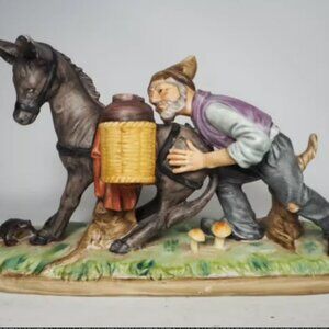 Capodimonte Style - Old Man Pushing a Donkey - Porcelain Figure